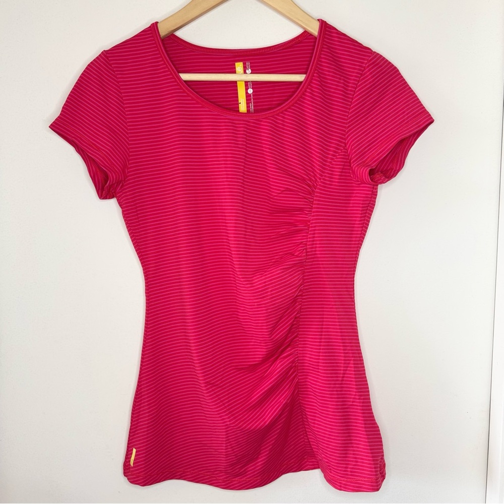 Lole Performance Active Pink Stripe Crew Top W Ruching Women’s Medium UPF 50 REI